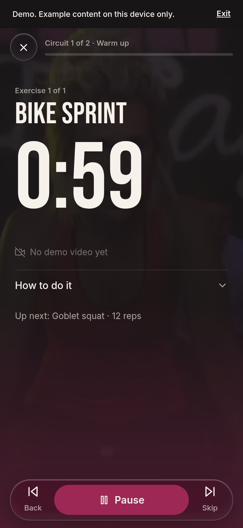 The CbK app workout player counting down a one minute bike sprint